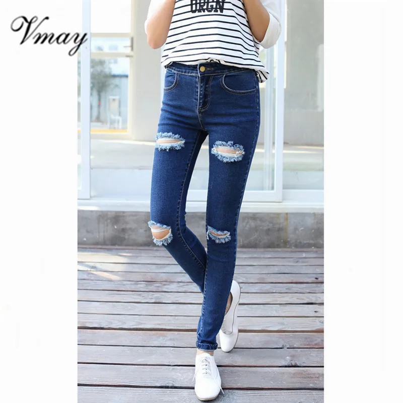 Vmay 2019 New Arrival Women Fashion Spring Summer Denim Pants Destroyed Knee Pencil |