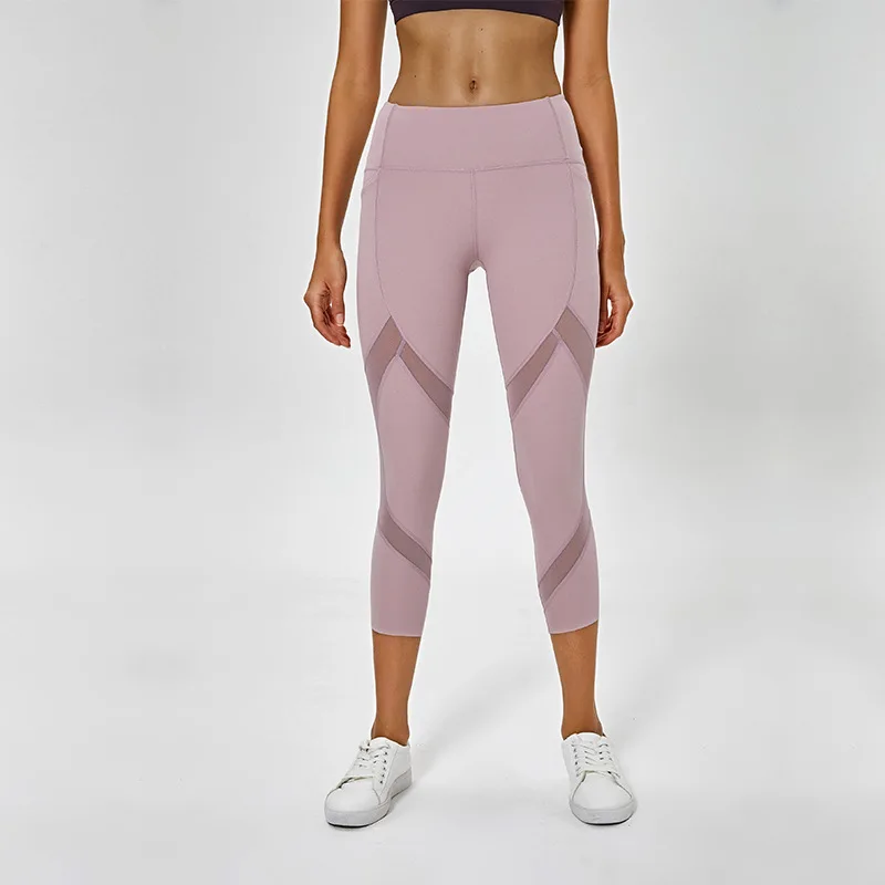 Женские уличные эластичные супер мягкие 3/4 длина Dri Fit тренировки Крест Fit Фитнес хип-хоп леггинсы с боковыми карманами - Цвет: Розовый