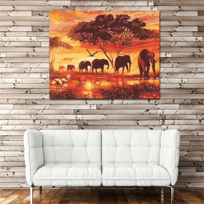 WONZOM Elephant Group Diy Краска для рисования по номерам закат масляная краска ing Cuadros Decoracion