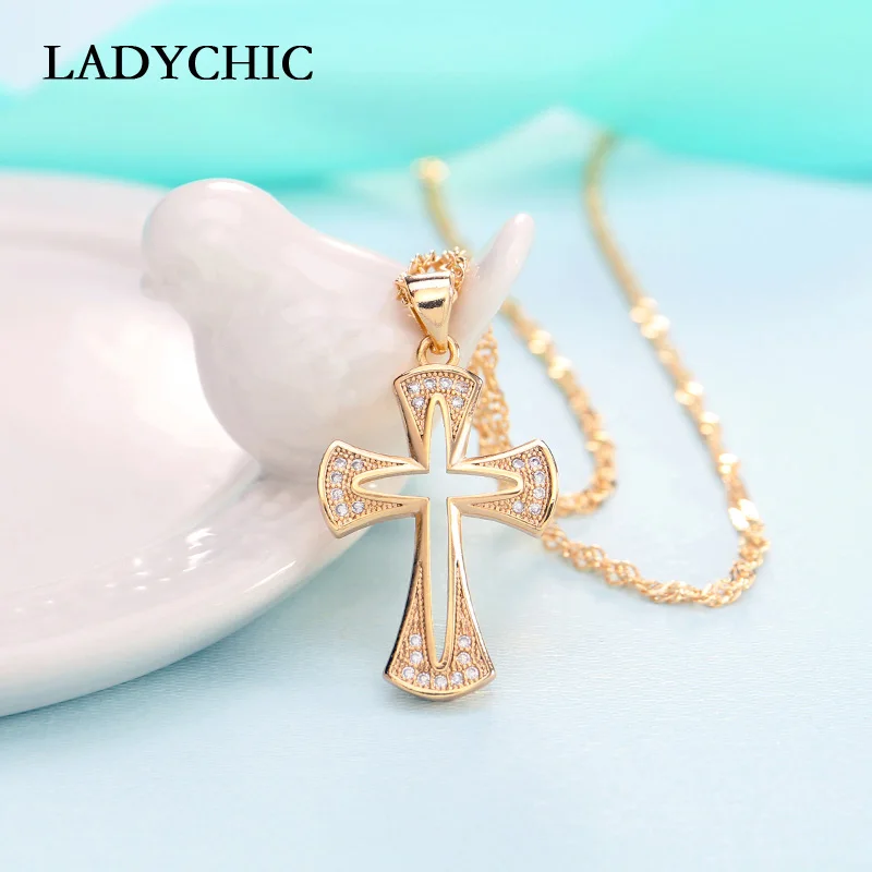 LADYCHIC классическое ожерелье с крестом для женщин любовник AAA циркон золотой цвет