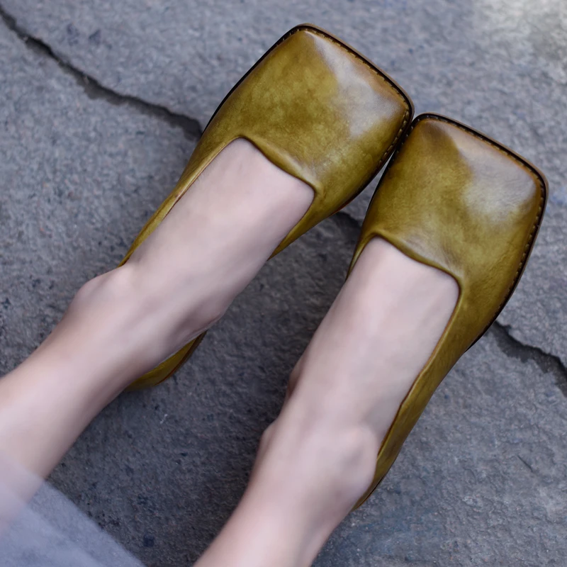 

Artmu Original Vintage Flat Shallow Mouth Women Shoes Genuine Leather Square Toe Handmade Shoes 1812-01