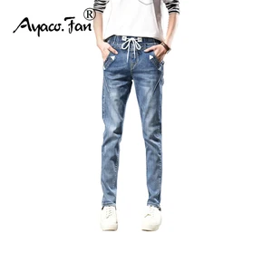 Женские эластичные джинсы, повседневные винтажные Прямые рваные джинсовые шаровары из спандекса размера плюс, свободные длинные джинсы, 2019