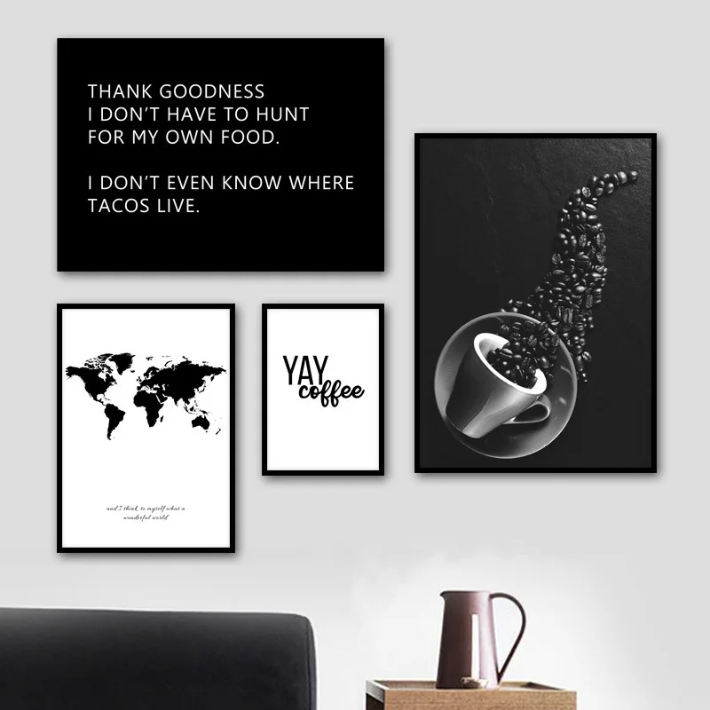 

World Map Coffee Beans Quotes Wall Art Canvas Painting Nordic Posters And Prints Black White Wall Pictures For Living Room Decor