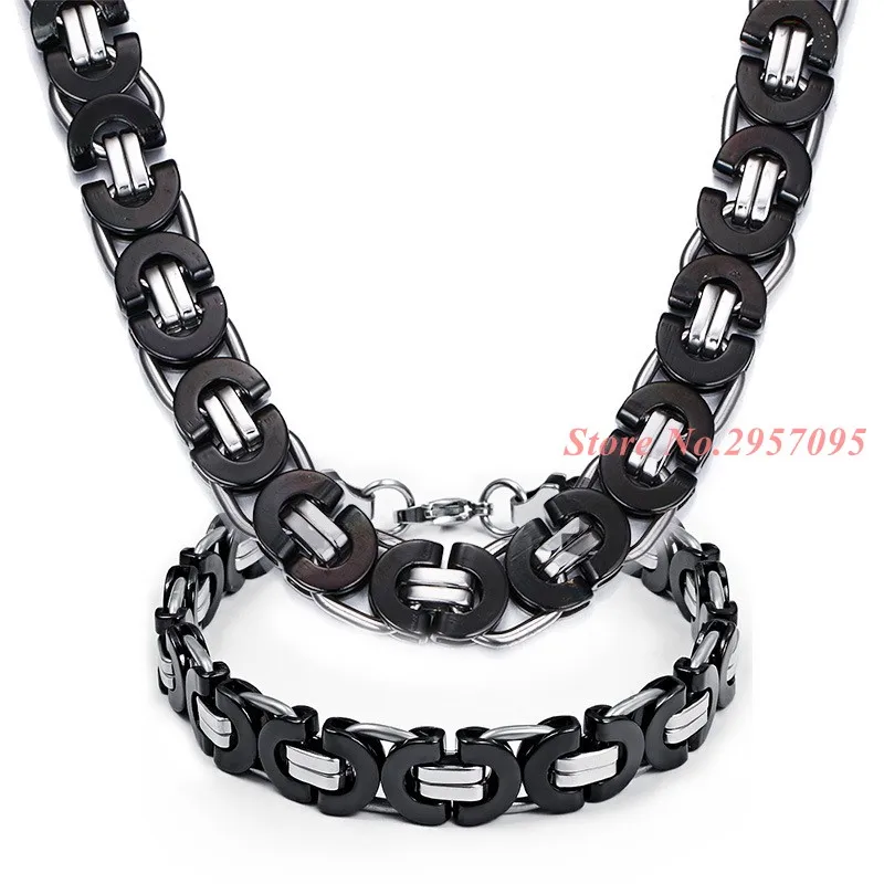 11mm Wide Cool Silver Black Color Box- Byzantine Chain Necklace &amp Bracelet Set Stainless Steel Jewelry Men's | Украшения и