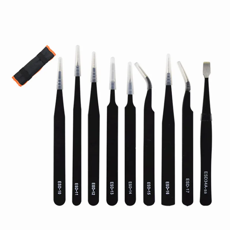Anti-static tweezers Black straight round head elbow flat pointed ESD set | Инструменты