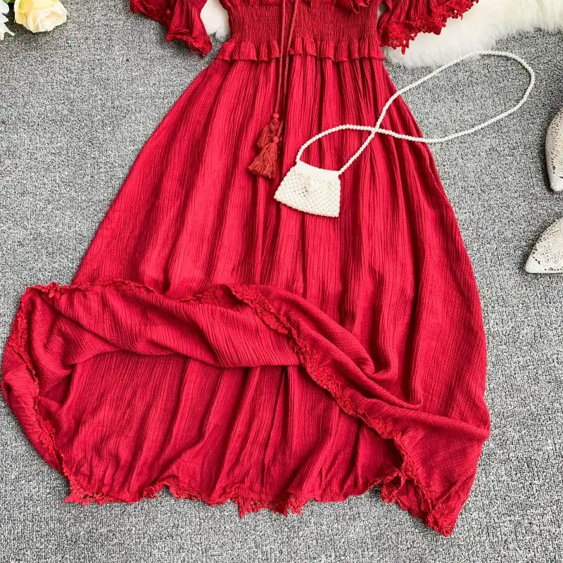 Женское платье с вырезом лодочкой красное/розовое длинное вечернее оборками