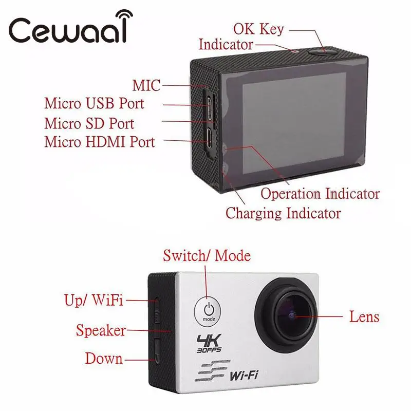 Купить Экшн-камера Cewaal Ultra HD 4K, 25 кадров/с, Wi-Fi, 2,0 дюйма, 170D, водонепроницаемая