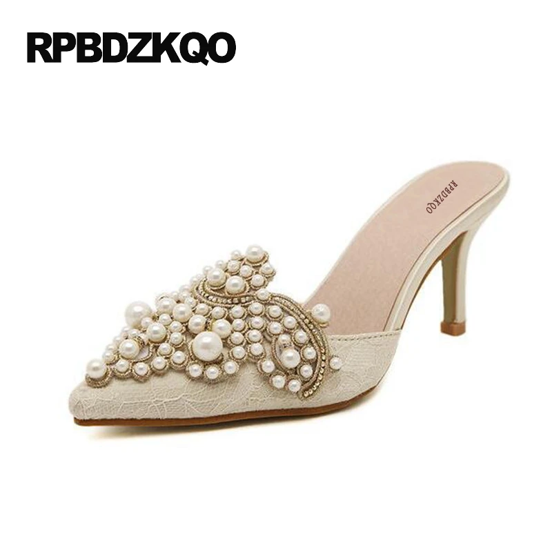 сандалии 2017 жемчужный стилет Мулы домашние тапочки кристалл Женская обувь