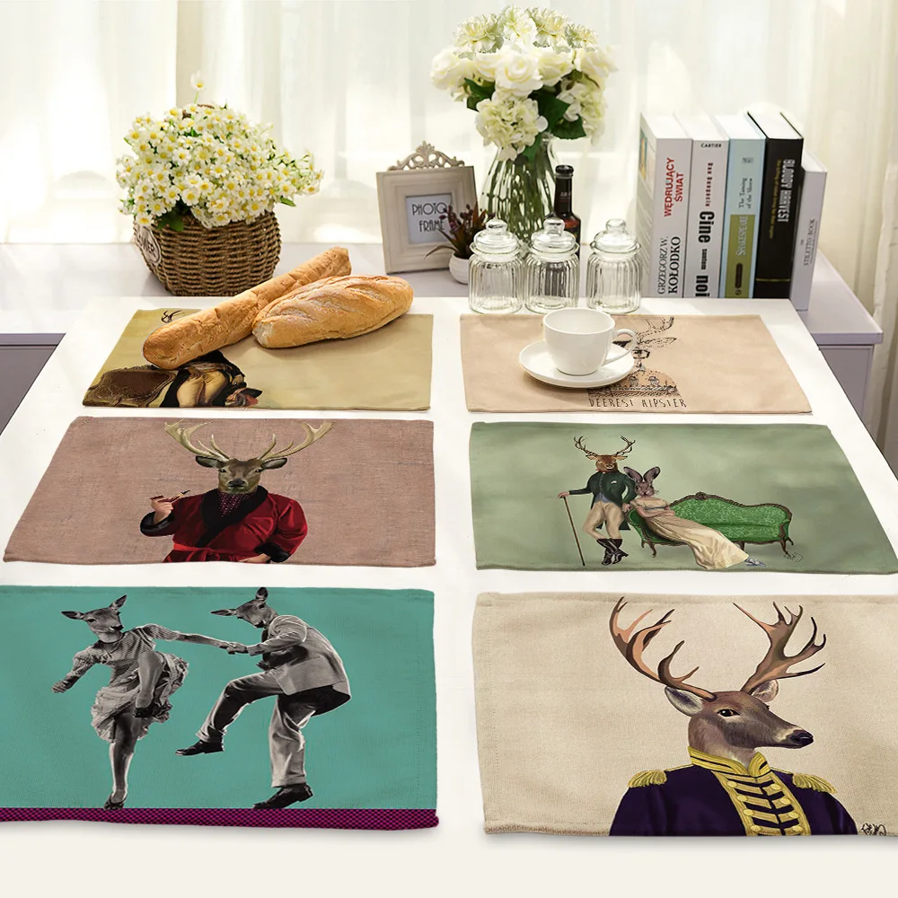 Cartoon reindeer Pattern Cotton Linen Western Pad Placemat Insulation Dining Table Mat Bowls Coasters Kitchen Accessories | Дом и сад