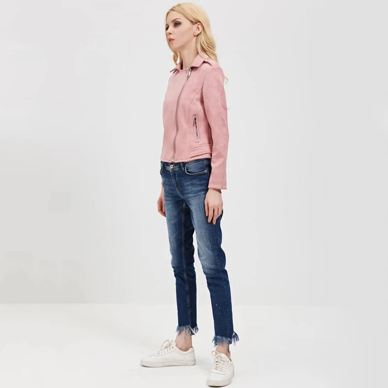 New Arrial Women Autumn Winter Suede Faux Leather Jackets Lady Fashion Matte Motorcycle Coat Biker Pink Zipper Outerwear