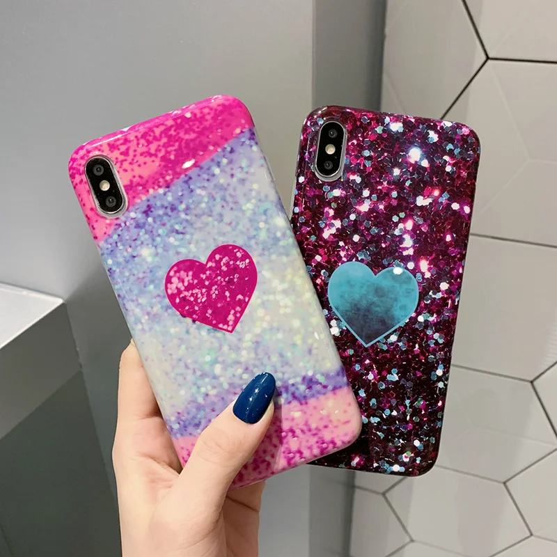 

Glitter Case For iPhone 7 8 6 6S Plus Phone Back Cover For iPhone X XR XS MAX Bling Cases Coque Soft TPU Silicone Heart Pattern