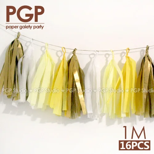 [PGP] желтая светло-белая и золотая тканевая гирлянда с кисточками 100 см для