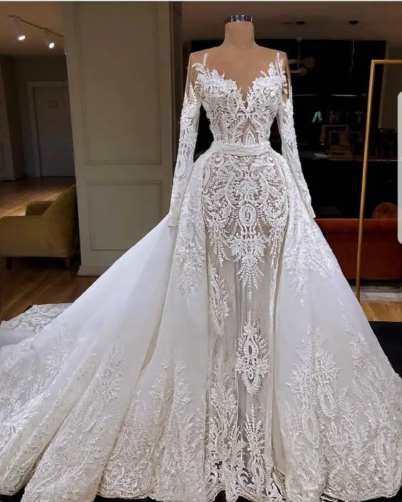Новый дизайн Длинные свадебные платья 2018 с круглым вырезом длинными рукавами