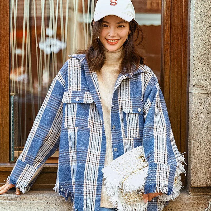 NANASTYLE Женская мода 2018 г. Повседневная рубашка Топ осень зима синий плед Chic с