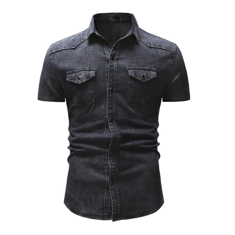 dark grey HuLooXuJi Новая мужская джинсовая рубашка летний пляжный стиль короткий рукав Повседневная рубашка с линялым эффектом хлопковые мужские шорты рубашки US Размер: M-3XL - Цвет: dark grey