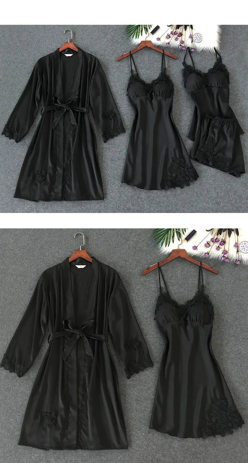 Herislim, женская пижама, Халат+ подтяжки+ майка+ шорты, 4 шт., Атласный пижамный комплект, Сексуальная кружевная Пижама, одежда для сна, Элегантная ночная рубашка, домашняя одежда