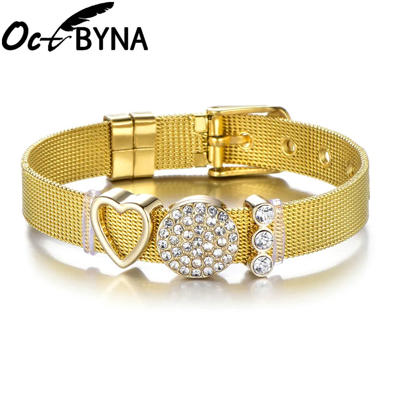 Octbyna DIY браслет из нержавеющей стали со стразами, сетчатый Браслет для женщин, металлический Регулируемый тонкий браслет - Окраска металла: A2