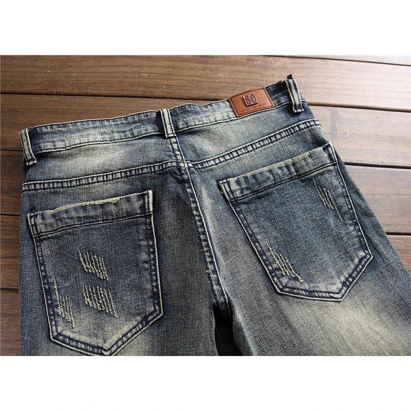 

ABOORUN Punk Men's Retro Ripped Jeans Multi Zippers Embroidery Straight Jeans Streetwear Brand Jeans for Male R838