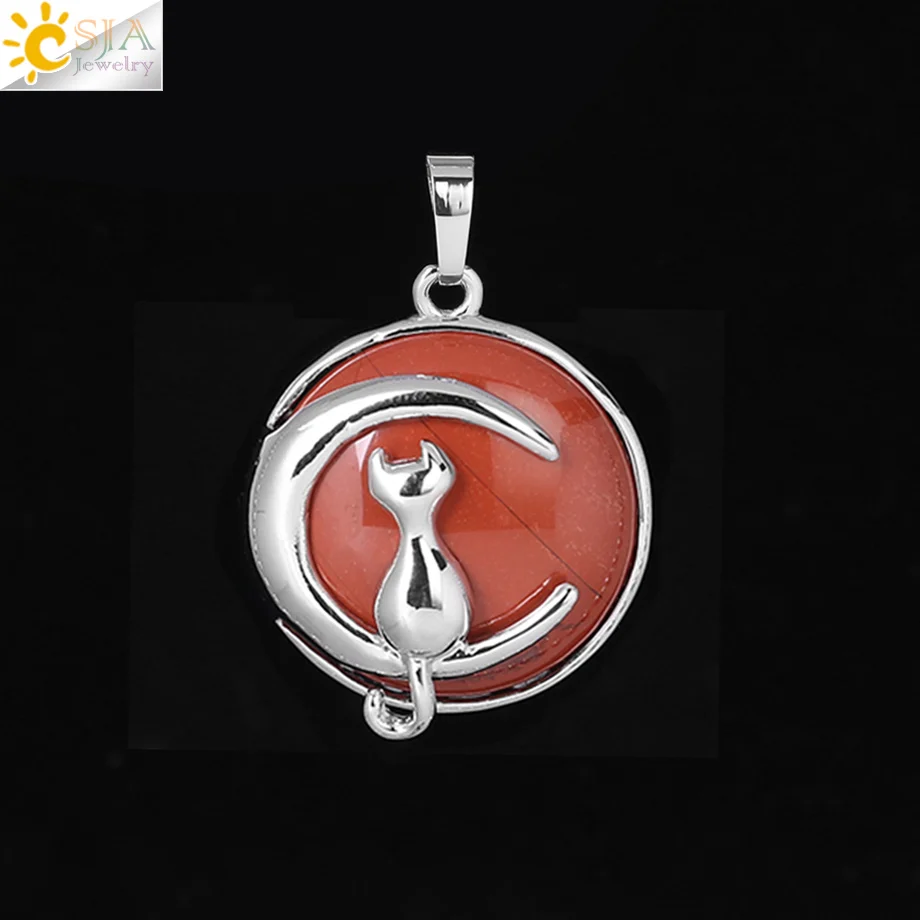 Red Jasper CSJA, новинка, модная подвеска в виде кошки, Луны, ожерелье, круглый натуральный камень, милый котенок, удача, ювелирное изделие, подходит для женщин, колье для девочек, подарок F334 - Окраска металла: Red Jasper
