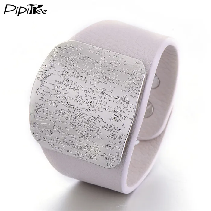 Square White Pipitree, новая мода, браслеты из искусственной кожи для женщин и мужчин, широкая круглая пряжка, подвески, регулируемый браслет, Женские Ювелирные изделия, подарок - Окраска металла: Square White