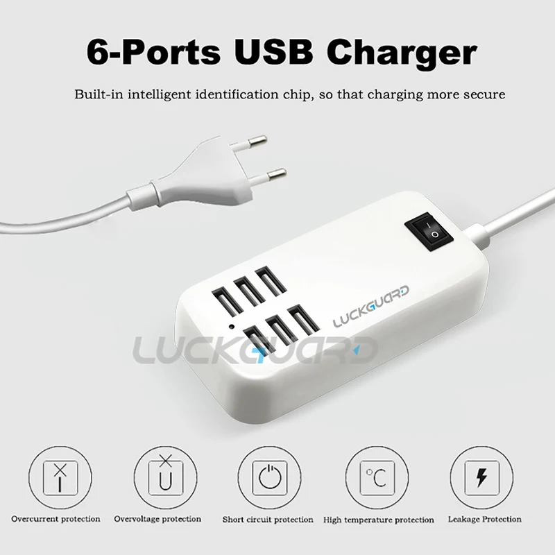 Luckguard ЕС Plug 6 Порты мобильного телефона 20 4A стены Dock USB адаптер Зарядное устройство
