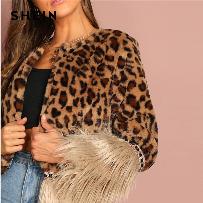 SHEIN Пальто Из Искусственного Меха С Контрастной Отделкой Модное Укороченное Пальто Из Эко Меха