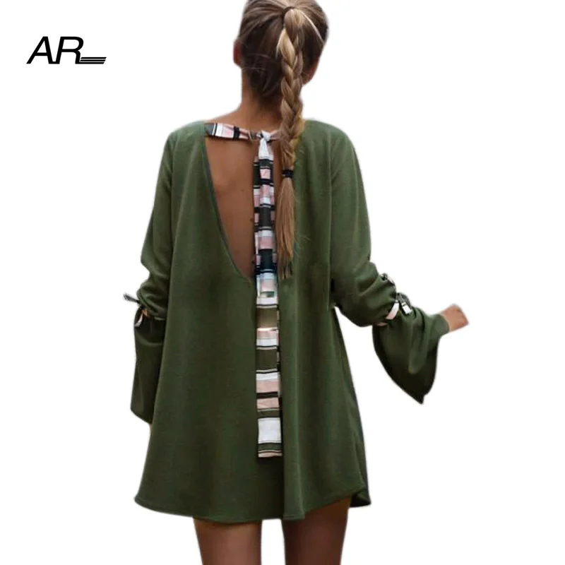 AR Sexy Backless Bandage mini Dress Summer Womens Long Sleeve Bow Cuff Solid Loose Dresses Women O-Neck Casual Short | Женская одежда