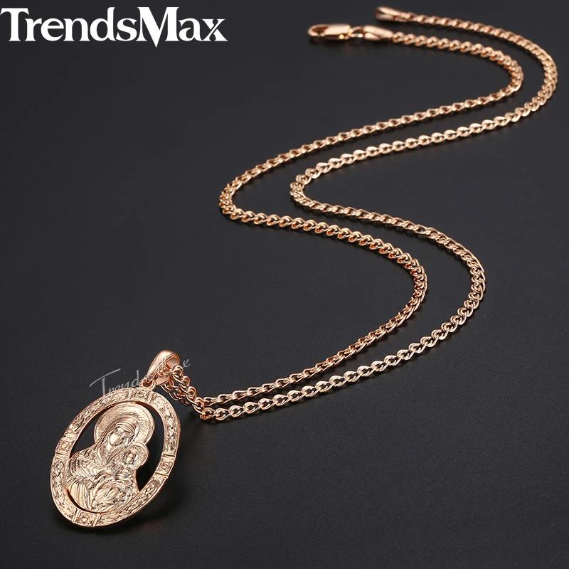 Trendsmax мужской женский кулон ожерелье 585 розовое золото девственница Мэри Иисус кулон ожерелье модное ювелирное изделие подарки GP194