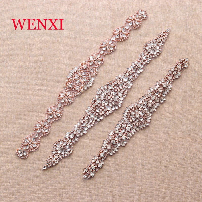 

WENXI (1pcs) Handmade Rose Gold Rhinestone Appliques Trims For Wedding Dresses Sash Clear Crytal Sewing On Bridal belt