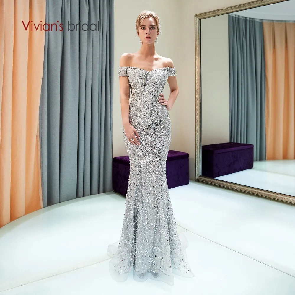 Vivian's Bridal милое вечернее платье с вырезами серебристого цвета русалочкой