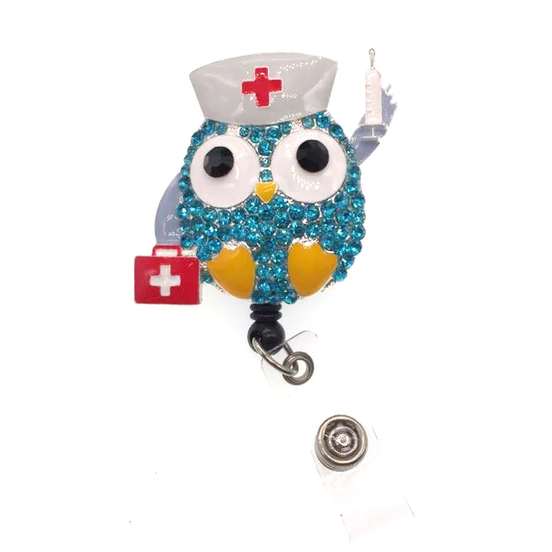 

10pcs/lot Fancy Rhinestone sparkly cute nursing medical cute owl animal Retractable ID Badge Holder reel for nurse