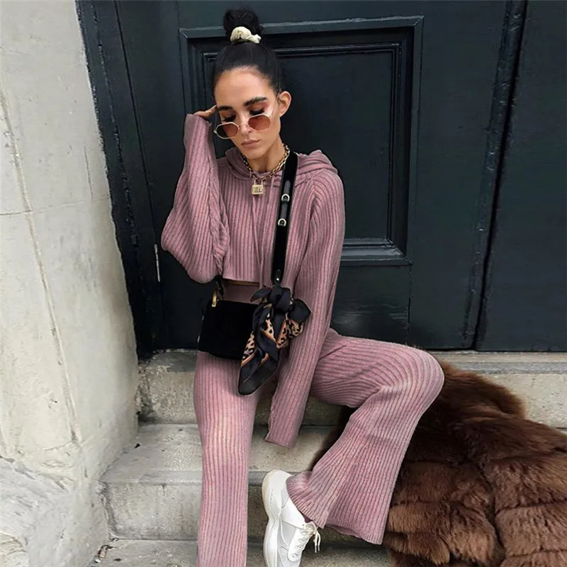 2018 Women Two Piece Outfits Fashion Short Hooded And Wide Leg Pant Tracksuit Knitting Winter Set | Женская одежда