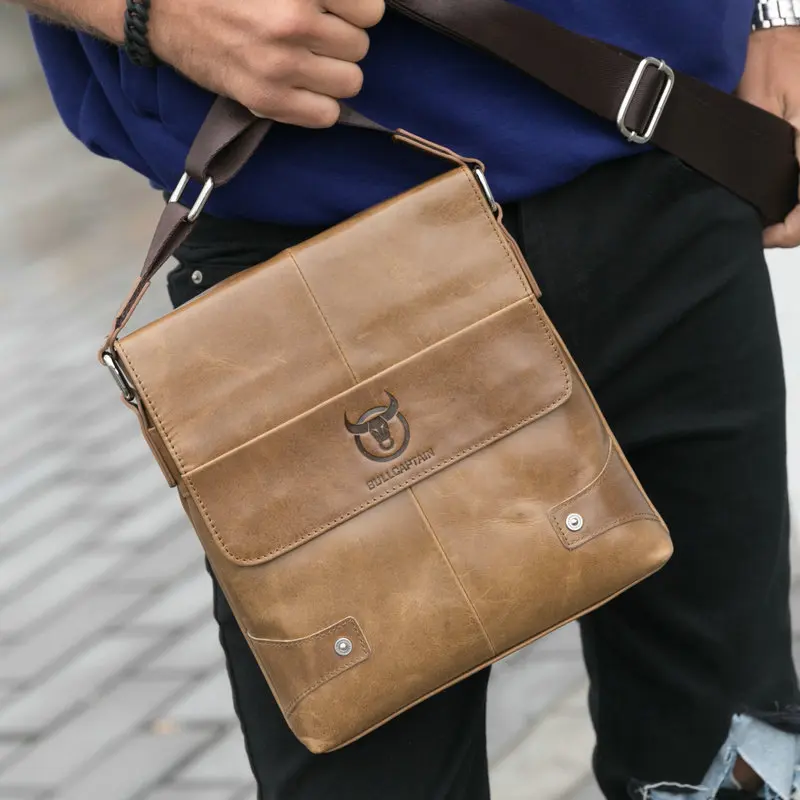 BULLCAPTAIN Messenger bag men's shoulder Genuine Leather strap Male Crossbody Bags Business Ipad Men Handbags |