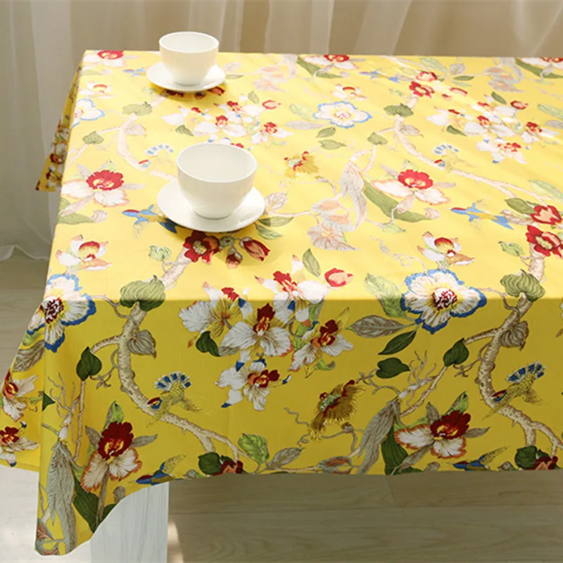 Free Shipping Flowers Birds Yellow Tablecloth Home/Hotel Table Cover Mantel De Mesa Multifunction Printed flax Covered Cloth | Дом и сад