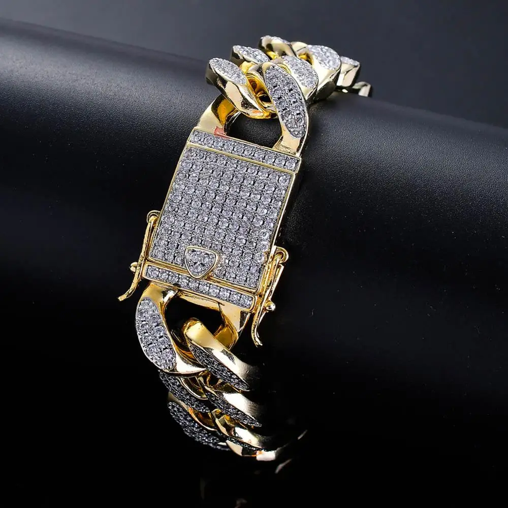 gold color 18 мм ширина 8 дюймов 9 дюймов два размера медь/латунь установка CZ браслет хип хоп Iced Out Циркон кубинская цепочка браслет B020 - Окраска металла: gold color