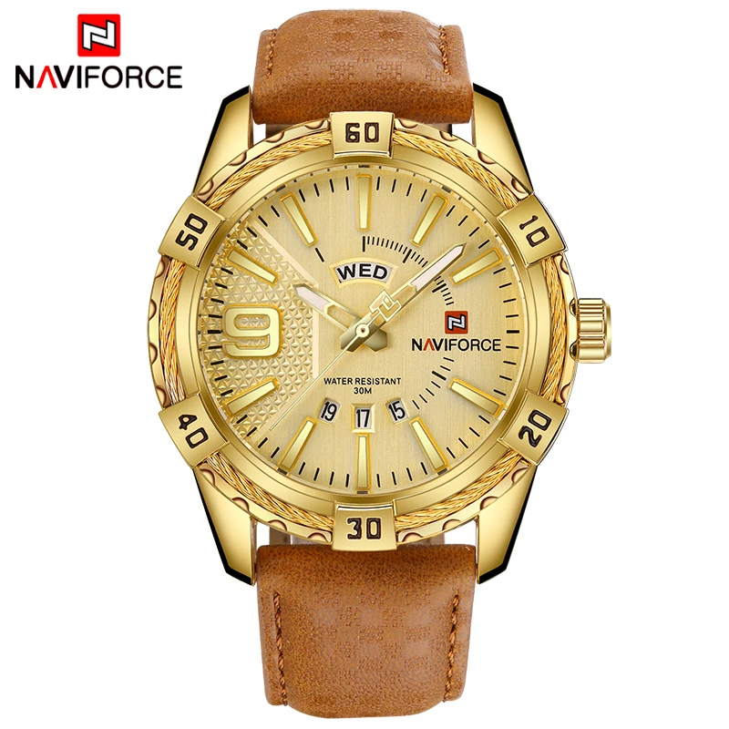 NAVIFORCE Топ люксовый бренд мужские кожаные золотые часы Мужские кварцевые