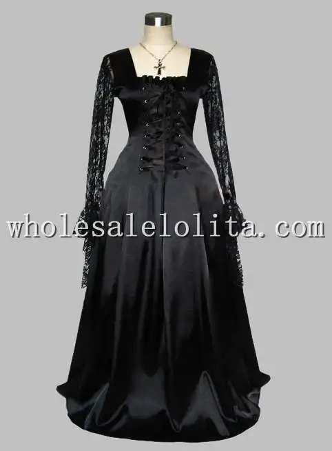 Бесплатная доставка кружевное платье с длинными рукавами готическое черное