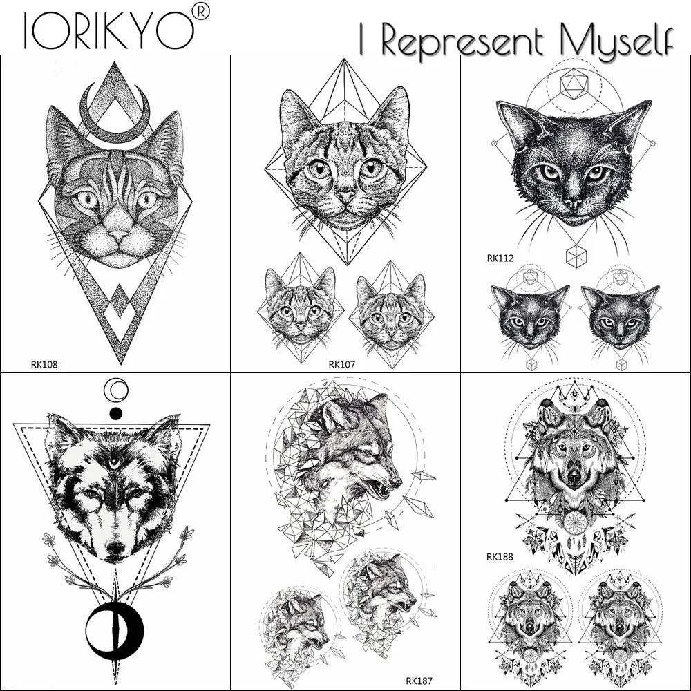 

Waterproof Fake Black Geometric Cats Wolf Tattoos Stickers For Women Custom Arm Temporary Tatoos For Men Ankle Body Tattoo Paste