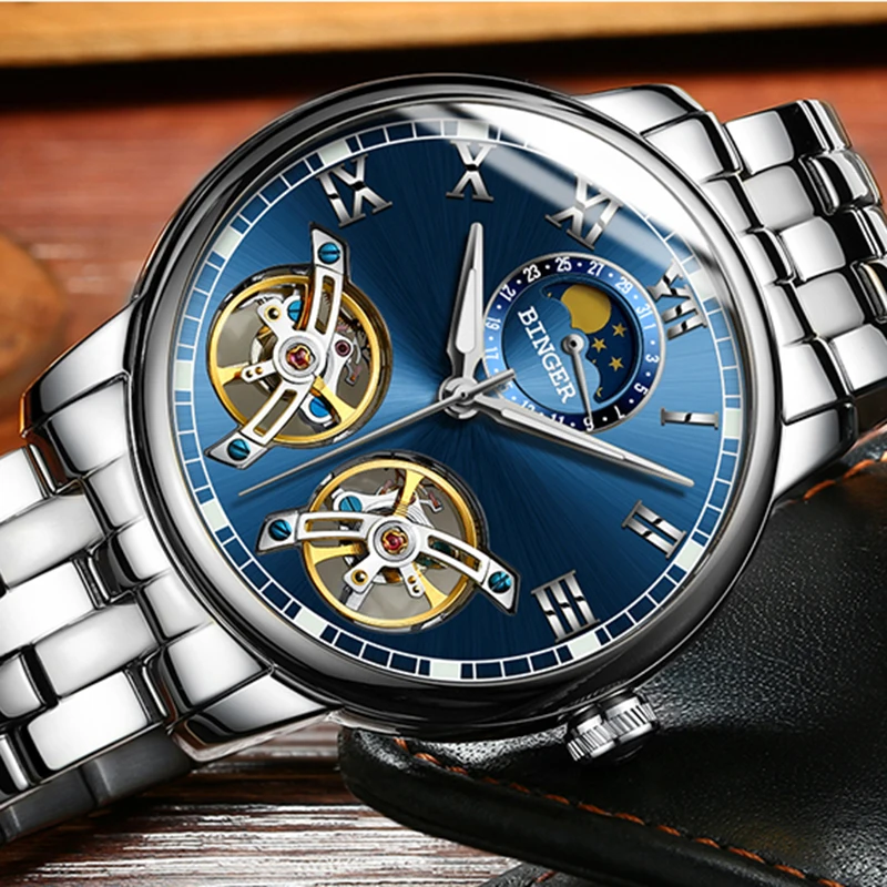 2019 NEW BINGER Unique Design Style Double Tourbillon Skeleton Watch Full Steel Casual Men Mechanical Watches Automatic | Наручные часы