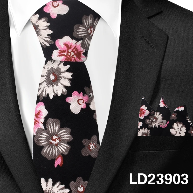 LD23903 Новые повседневные Цветочные хлопковые галстуки и карманные Квадратные наборы цветочный принт тонкий галстук для мужчин s шеи галстук-платок 6 см тонкие галстуки - Цвет: LD23903