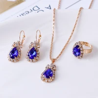 trendy party gift gold color water drop shape crystal earrings necklace adjustable rings bridal jewelry sets for women