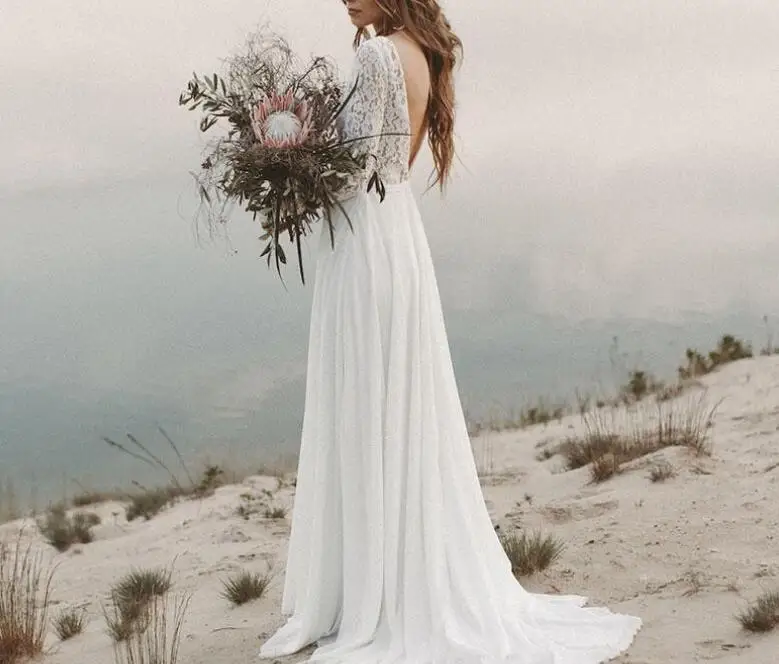 Beach Boho Wedding Dresses V Neck Backless Floor Length Chiffon A Line Applique Long Sleeve Bridal Gown Vestido | Свадьбы и