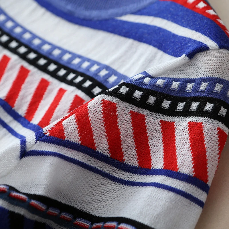 2019 Summer Women Runway Striped Sweater and Pullovers Short Sleeve O neck Korean Ladies Knitted Jumper Streetwear Tops Clothes | Женская