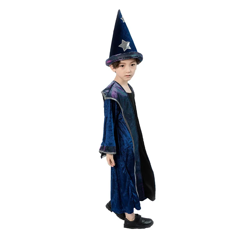 Kid Boys Girls Halloween Magician Wizard Costume Funny Dress Maxi Gown Robe Hat Set Party Performance Clothing For Little Chid |
