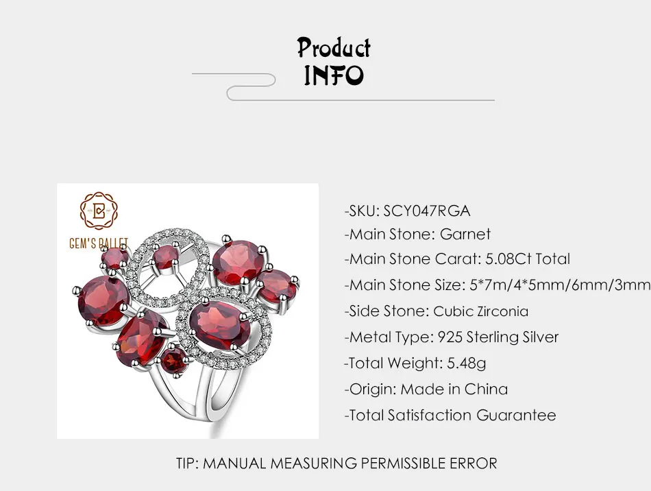 GEM'S BALLET 5.08Ct натуральный гранатовый камень кольцо 925 пробы серебро трендовые цветы кольца на палец для женщин Свадебные ювелирные изделия