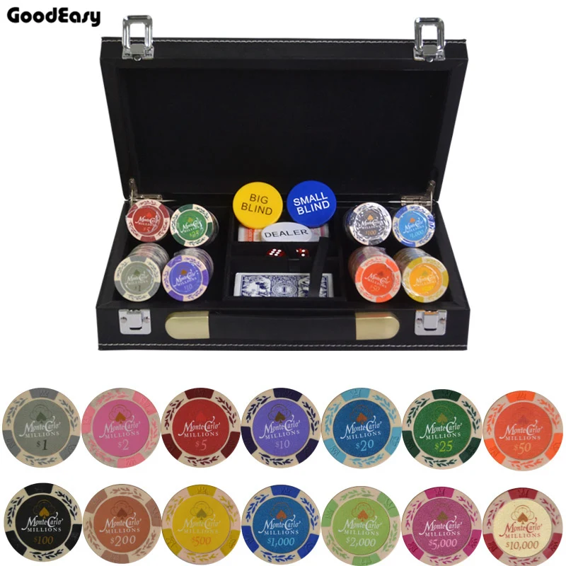 

200-500PCS/Set Casino poker chips set Texas Hold'em Clay Double Color With Trim Sticker Chips with Leather Suitcase