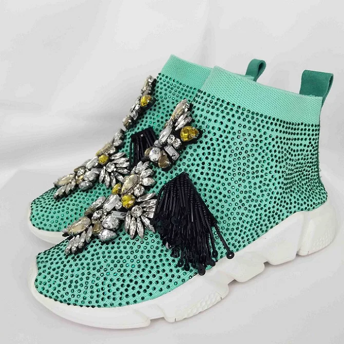 mint green Новинка; стразы; носки; кроссовки ручной работы; стразы; обувь на плоской подошве; модные носки для мужчин и женщин; обувь; большие размеры 34-45 - Цвет: mint green