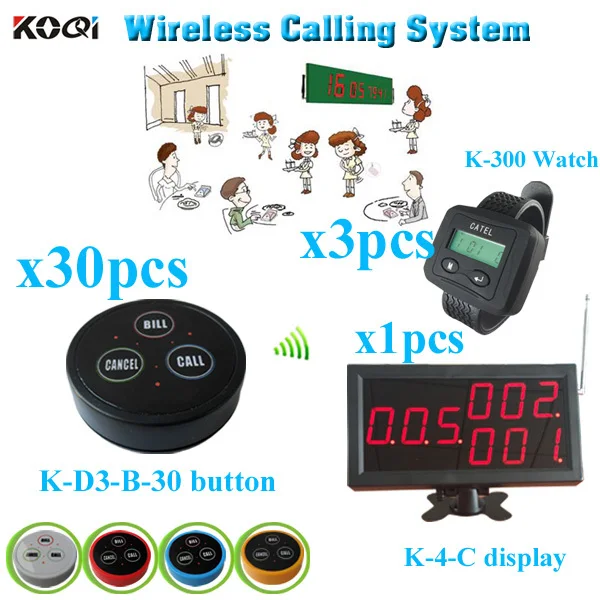 t Customer Call System Restaurant with monitor bell button watch pager (1 display receiver+ 2 watch +30 table bell button)