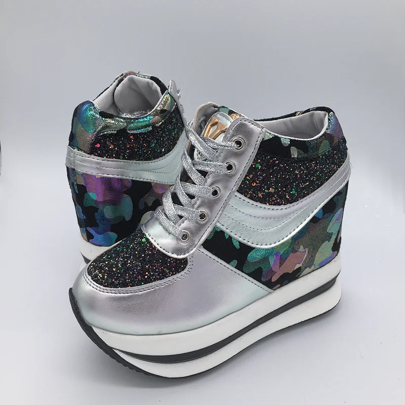 BANGJIAO New Fashion Bling High Heels Lady Casual Shoes Ladies Wedge Platform Sneakers Women 11CM Dwing Dlimming Shoes