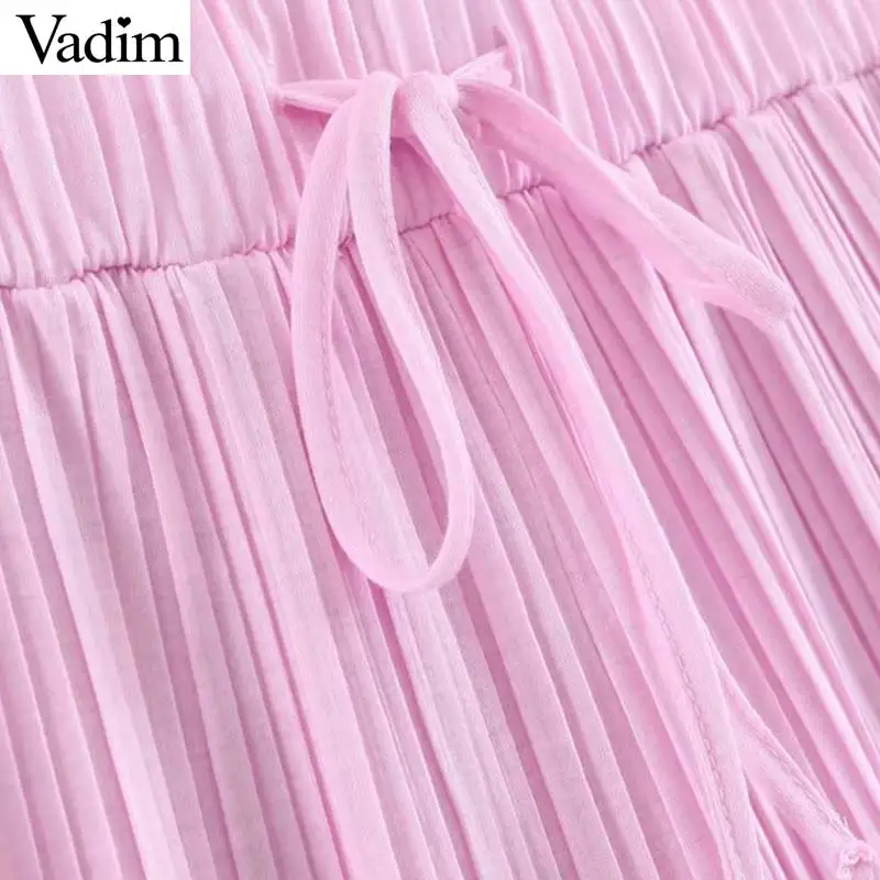 Vadim women elegant pink wide leg pants drawstring elastic waist pleated casual female ankle length chic trousers mujer KA981 | Женская